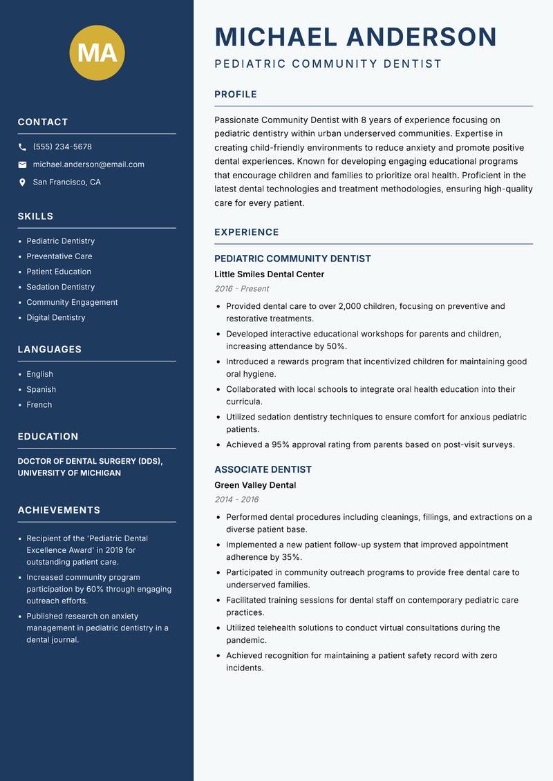 Community Dentist resume template — Classic Clean