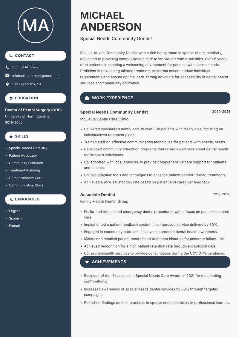 Community Dentist resume template — Compact