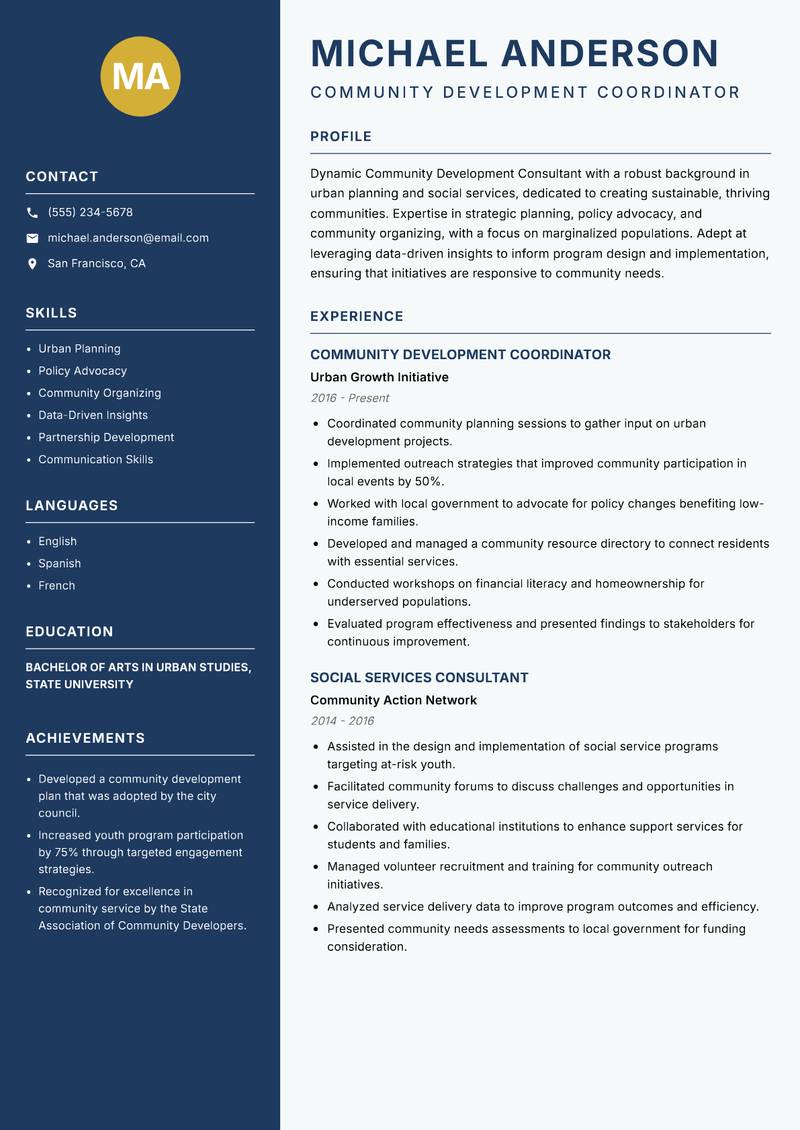Community Development Consultant resume template — Classic Clean