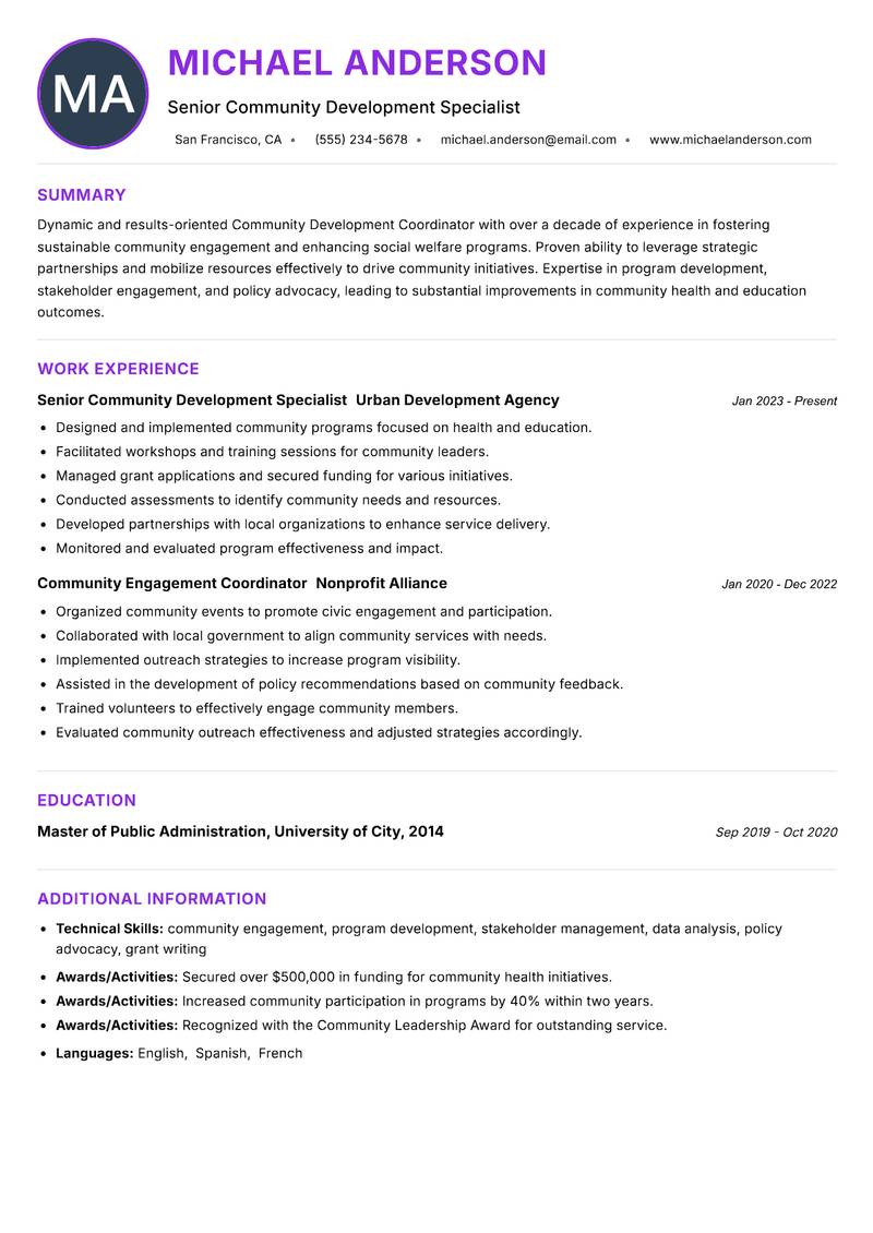 Community Development Coordinator resume example — ATS-friendly template