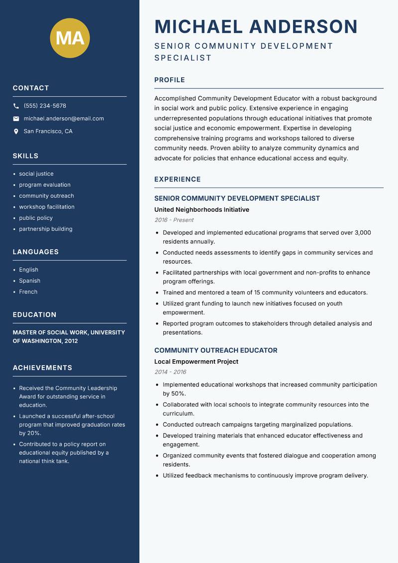 Community Development Educator resume template — Classic Clean