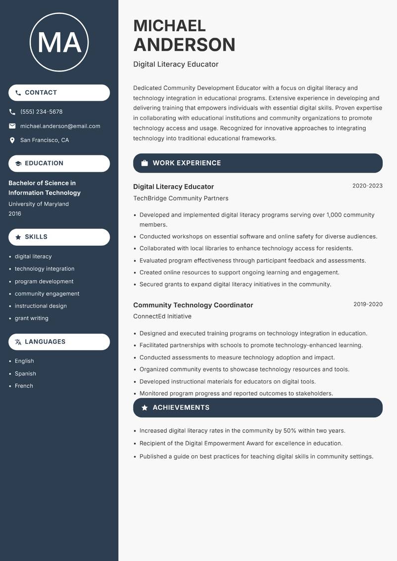 Community Development Educator resume template — Compact