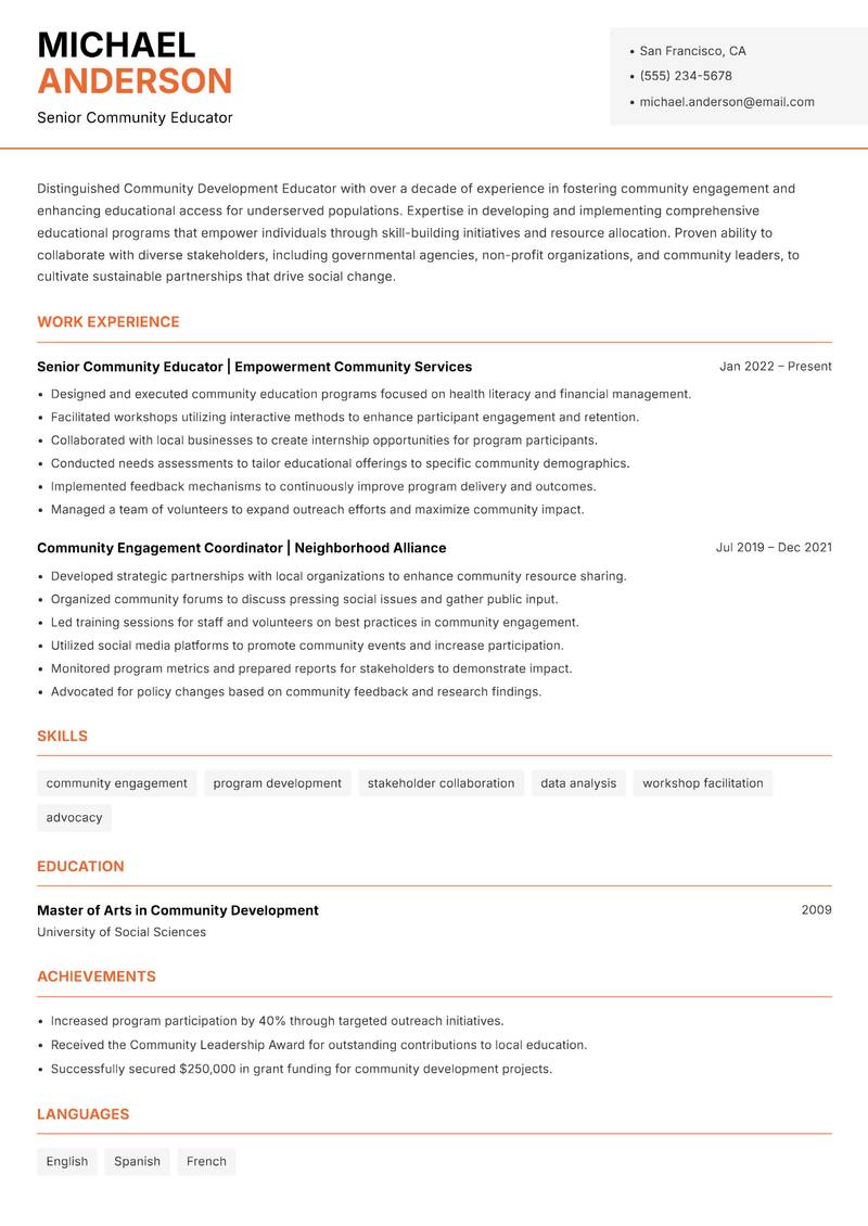 Community Development Educator resume template — Modern Professional