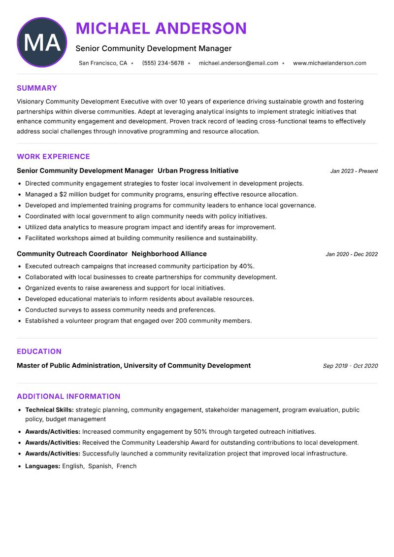 Community Development Executive resume example — ATS-friendly template