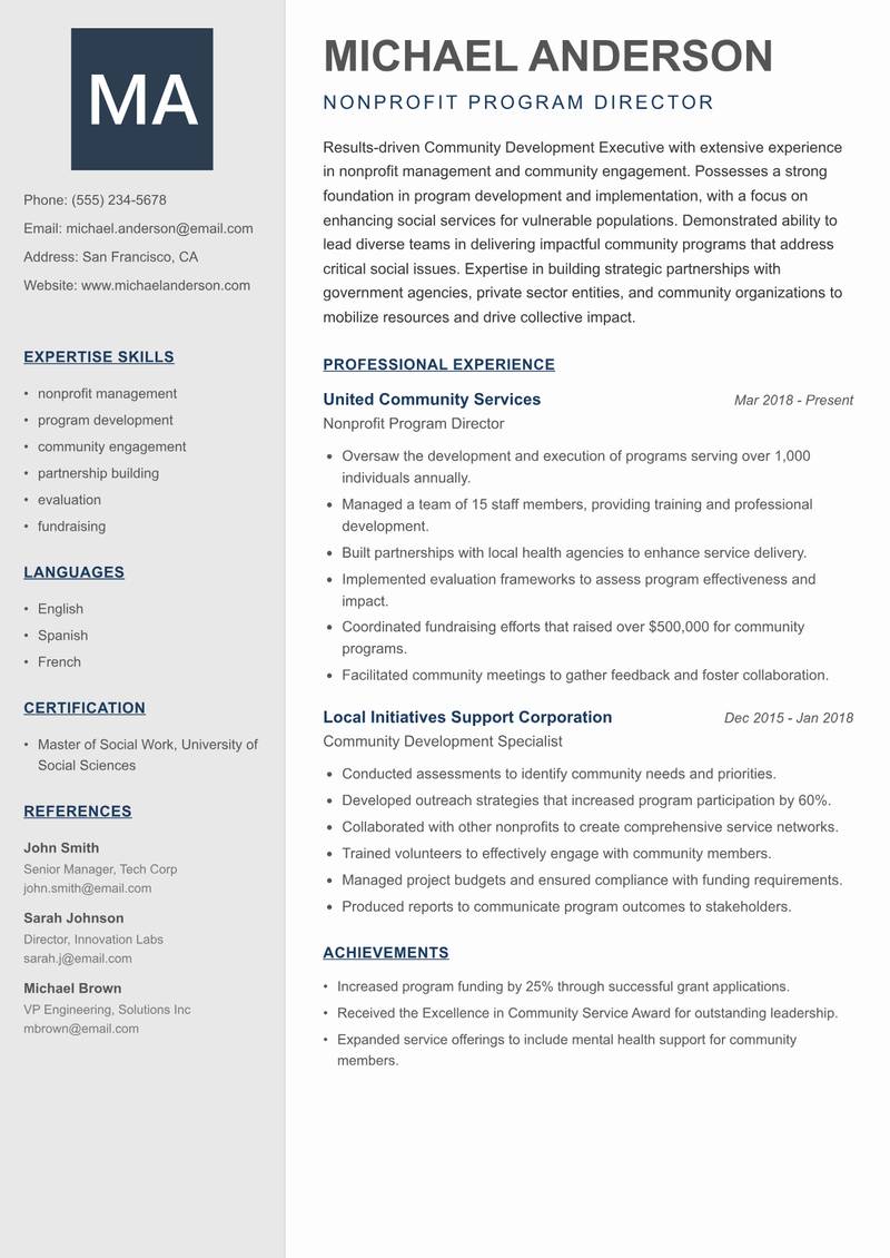 Community Development Executive resume template — Creative Minimal