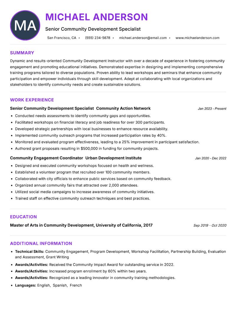 Community Development Instructor resume example — ATS-friendly template