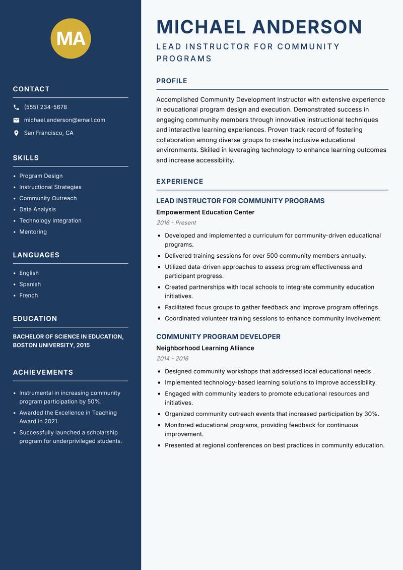 Community Development Instructor resume template — Classic Clean
