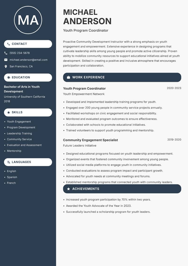 Community Development Instructor resume template — Compact