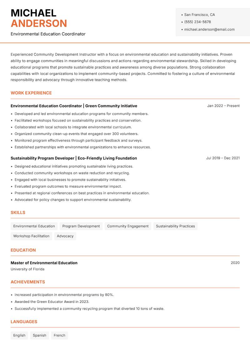 Community Development Instructor resume template — Modern Professional