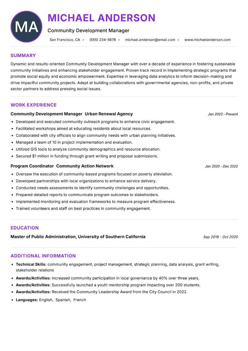 Community Development Manager resume example — ATS-friendly template