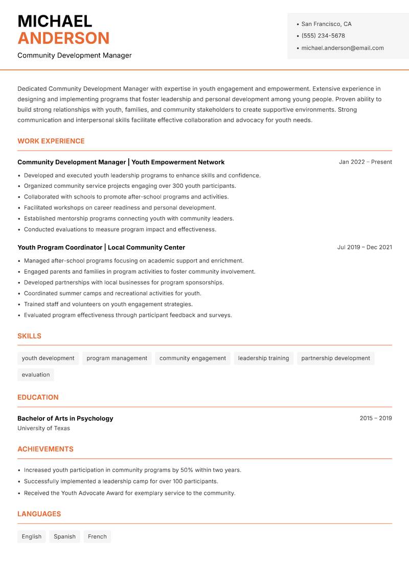 Community Development Manager resume template — Modern Professional