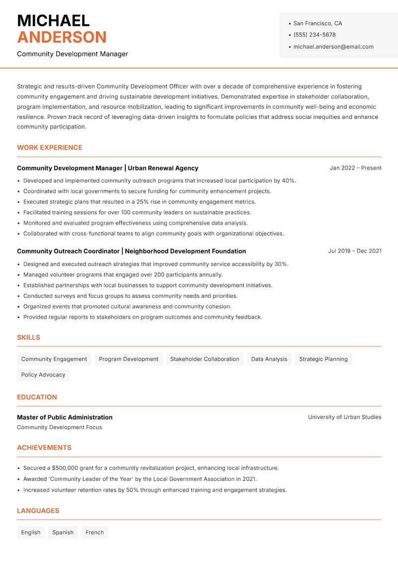 Community Development Officer resume template — Modern Professional