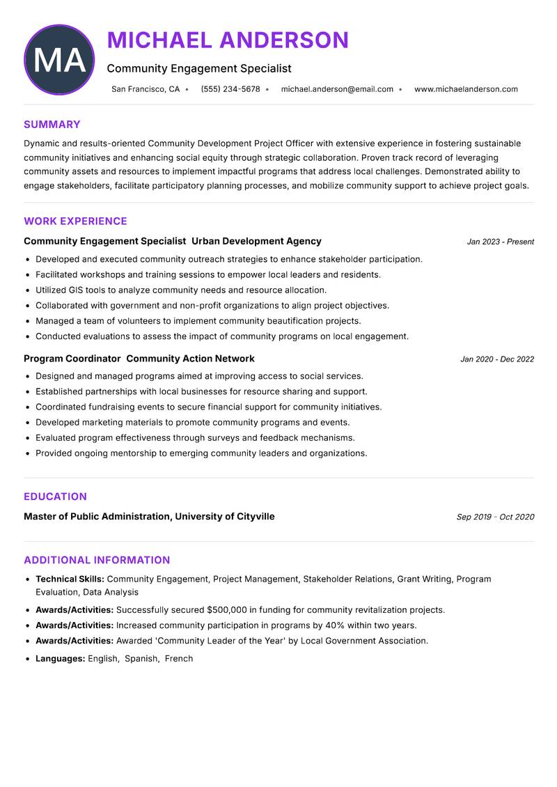 Community Development Project Officer resume example — ATS-friendly template