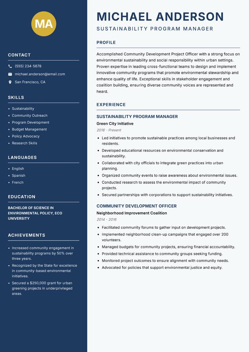 Community Development Project Officer resume template — Classic Clean