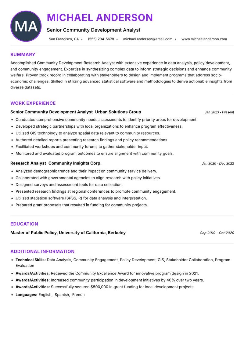 Community Development Research Analyst resume example — ATS-friendly template
