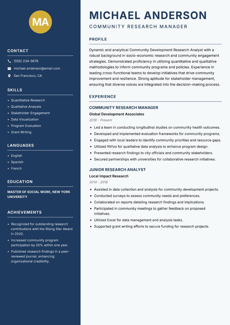 Community Development Research Analyst resume template — Classic Clean