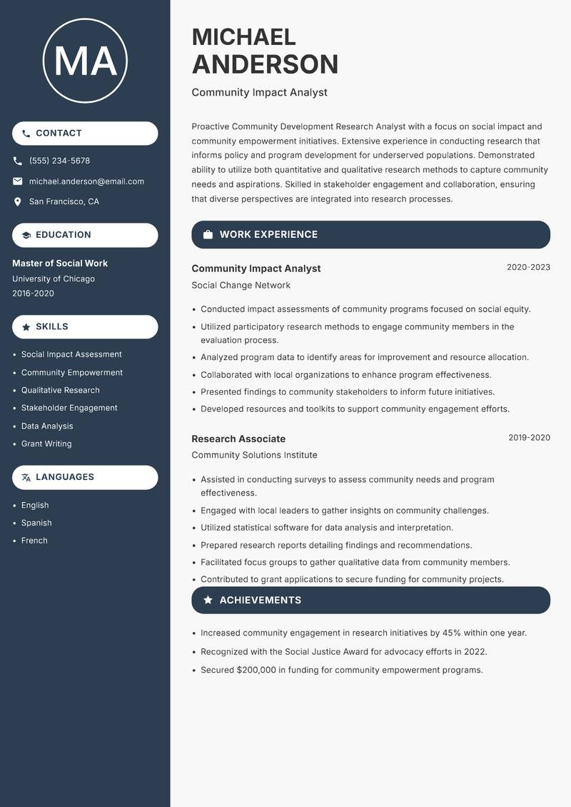 Community Development Research Analyst resume template — Compact