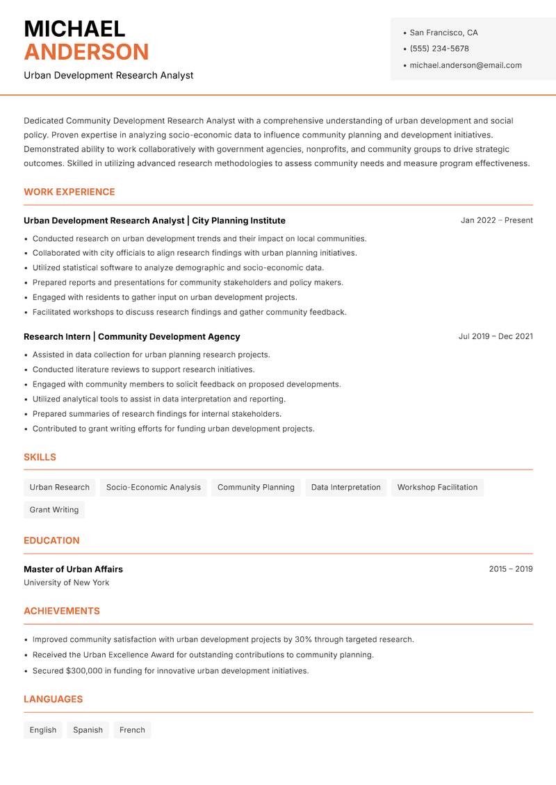 Community Development Research Analyst resume template — Modern Professional
