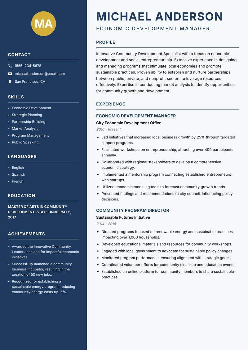 Community Development Specialist resume template — Classic Clean