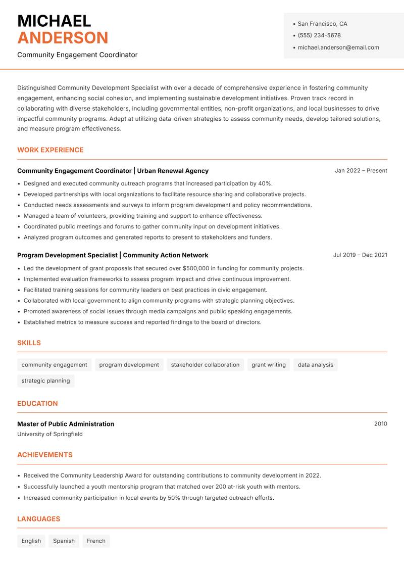 Community Development Specialist resume template — Modern Professional