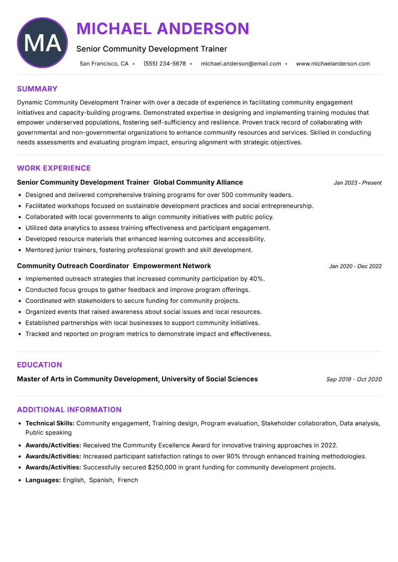 Community Development Trainer resume example — ATS-friendly template