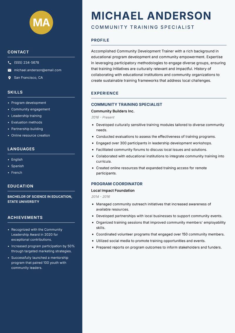 Community Development Trainer resume template — Classic Clean