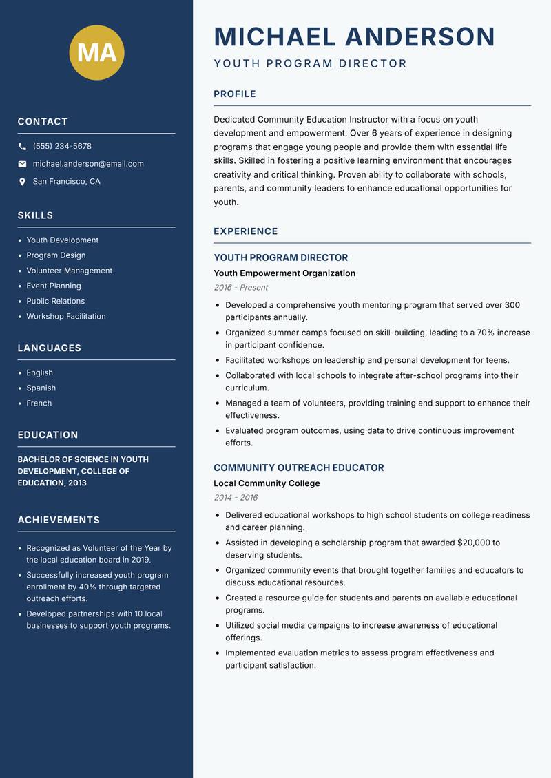Community Education Instructor resume template — Classic Clean