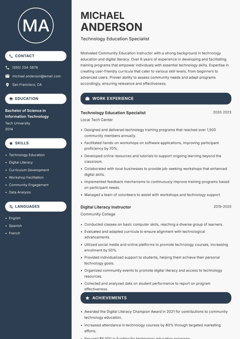 Community Education Instructor resume template — Compact
