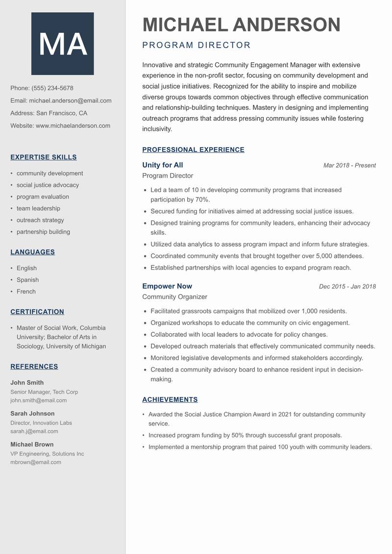 Community Engagement Manager resume template — Creative Minimal