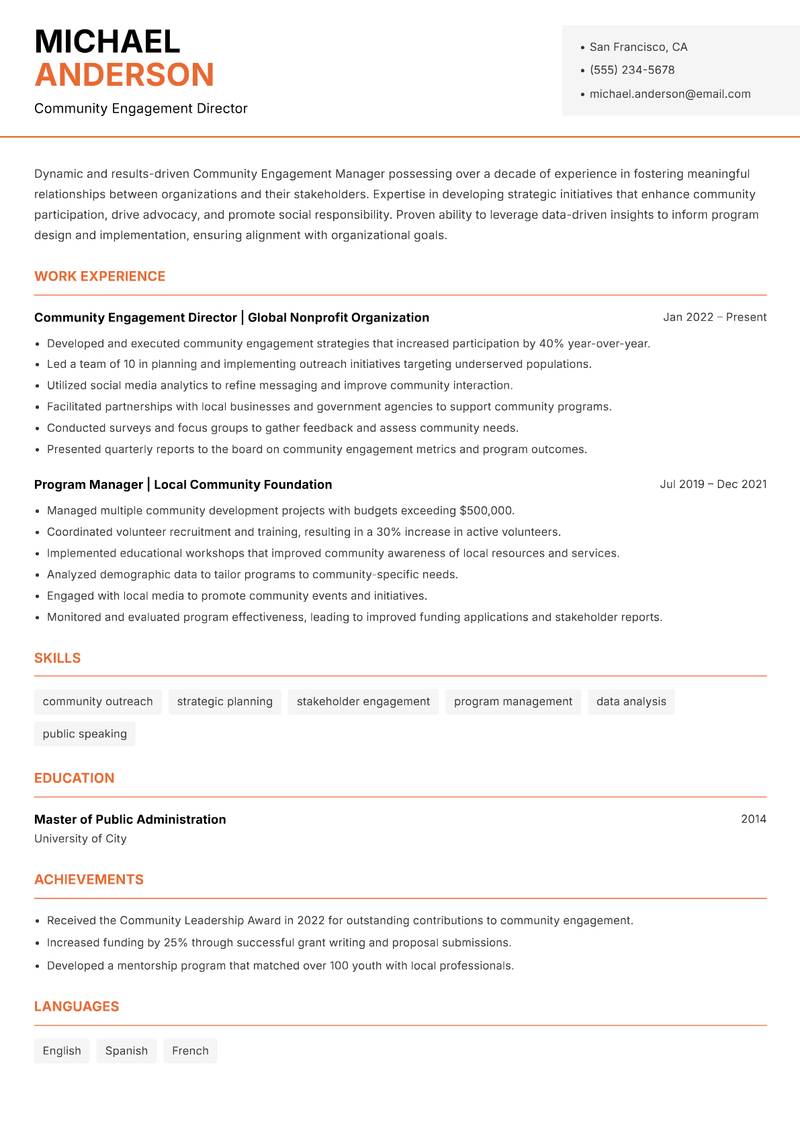 Community Engagement Manager resume template — Modern Professional