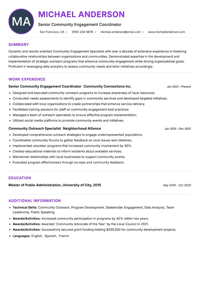 Community Engagement Specialist resume example — ATS-friendly template