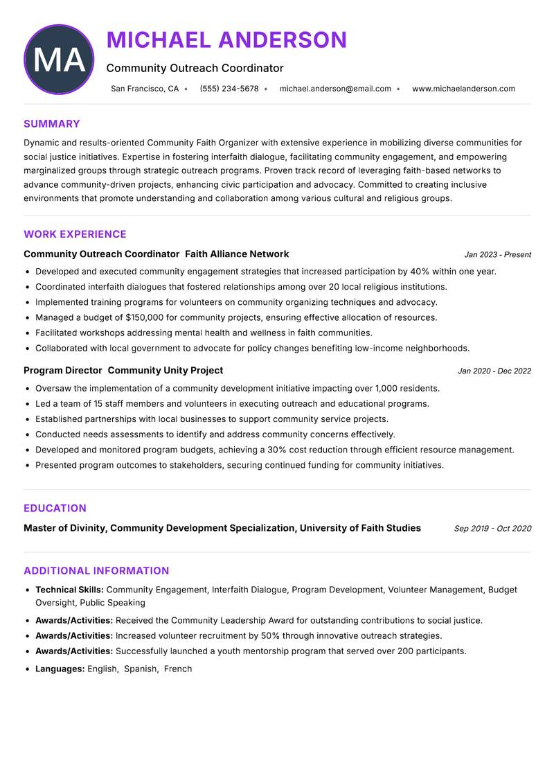 Community Faith Organizer resume example — ATS-friendly template