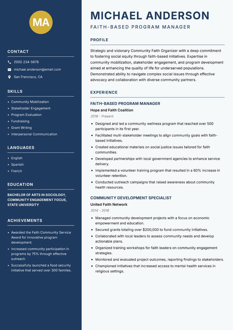 Community Faith Organizer resume template — Classic Clean