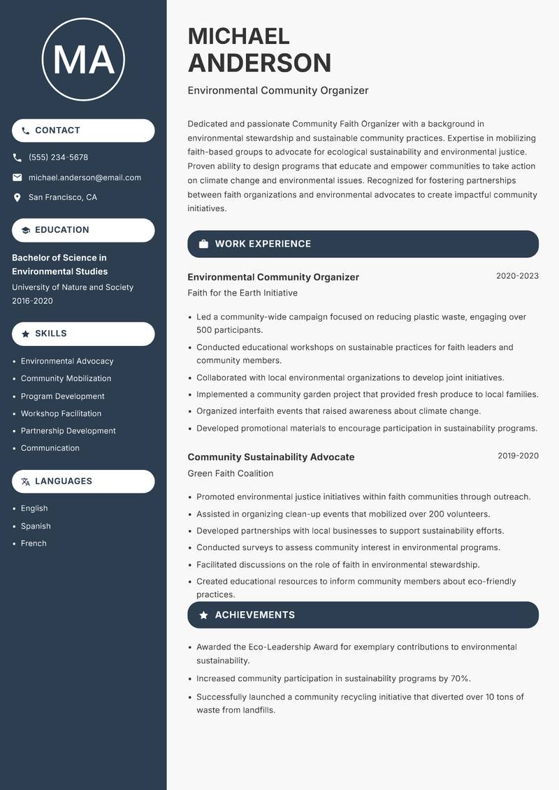 Community Faith Organizer resume template — Compact