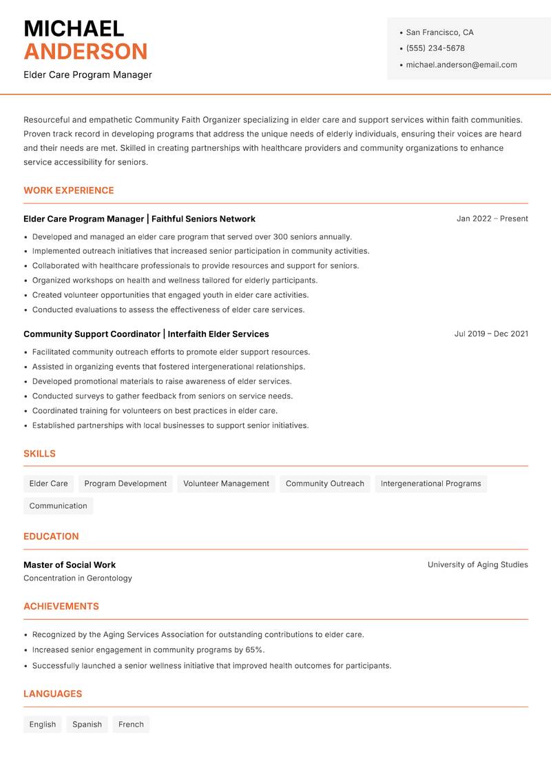 Community Faith Organizer resume template — Modern Professional
