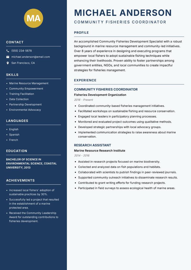 Community Fisheries Development Specialist resume template — Classic Clean