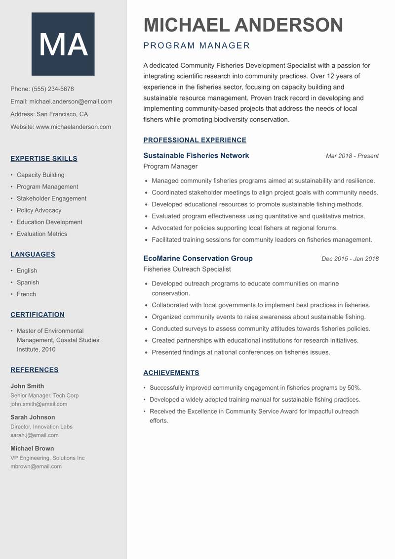 Community Fisheries Development Specialist resume template — Creative Minimal
