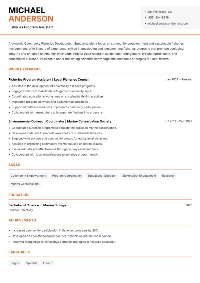 Community Fisheries Development Specialist resume template — Modern Professional