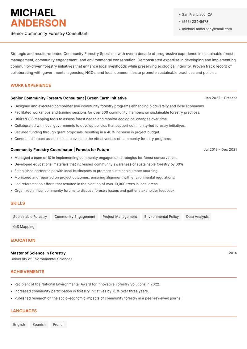 Community Forestry Specialist resume template — Modern Professional