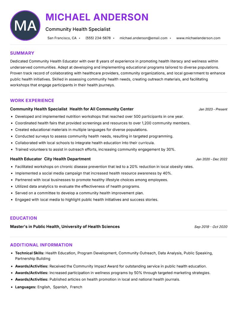 Community Health Educator resume example — Public Health