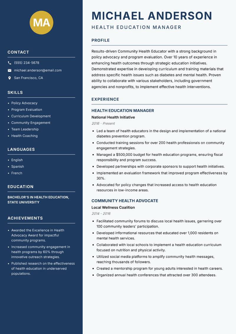 Community Health Educator resume template — Classic Clean