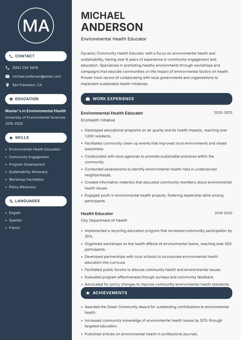 Community Health Educator resume template — Compact