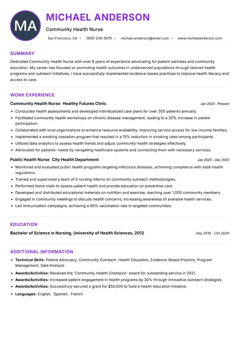 Community Health Nurse resume example — ATS-friendly template