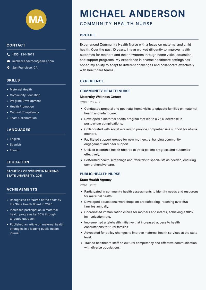 Community Health Nurse resume template — Classic Clean