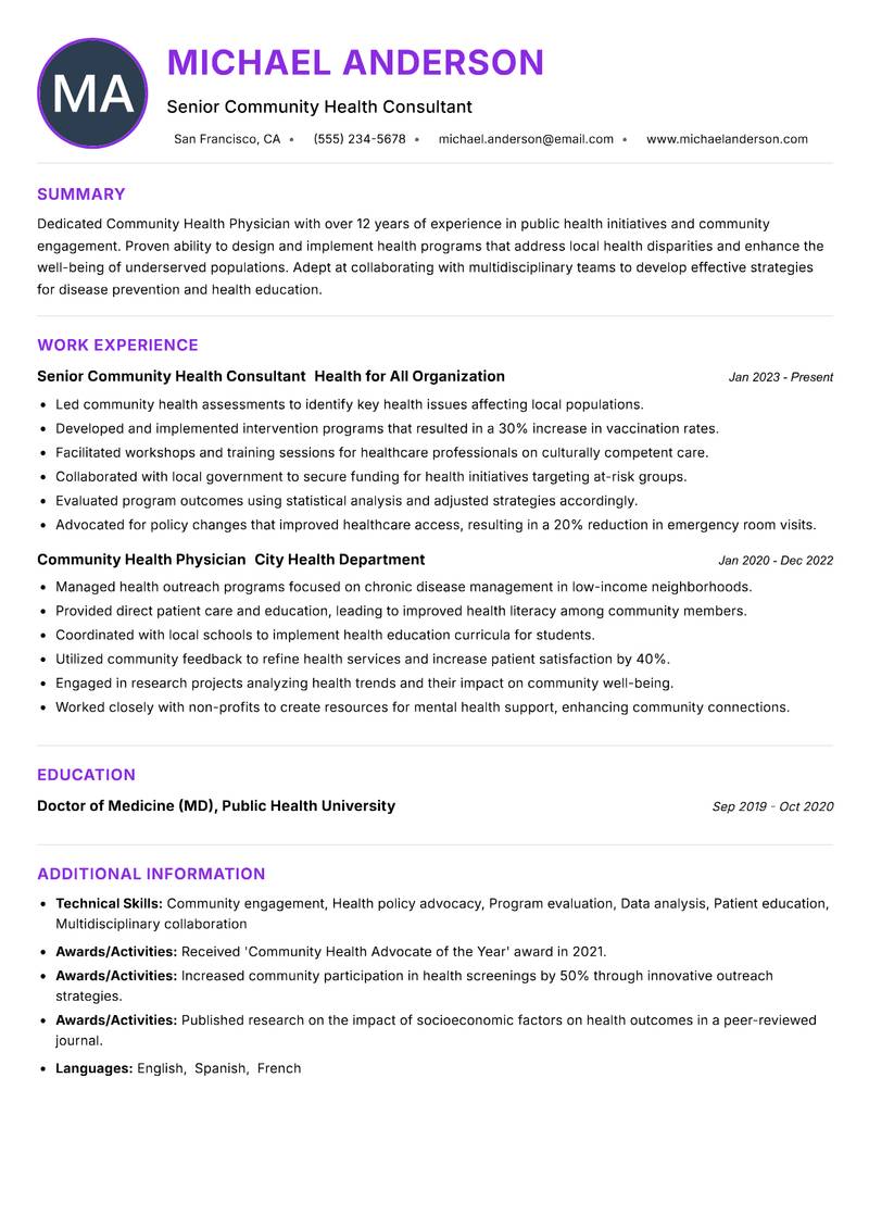 Community Health Physician resume example — ATS-friendly template