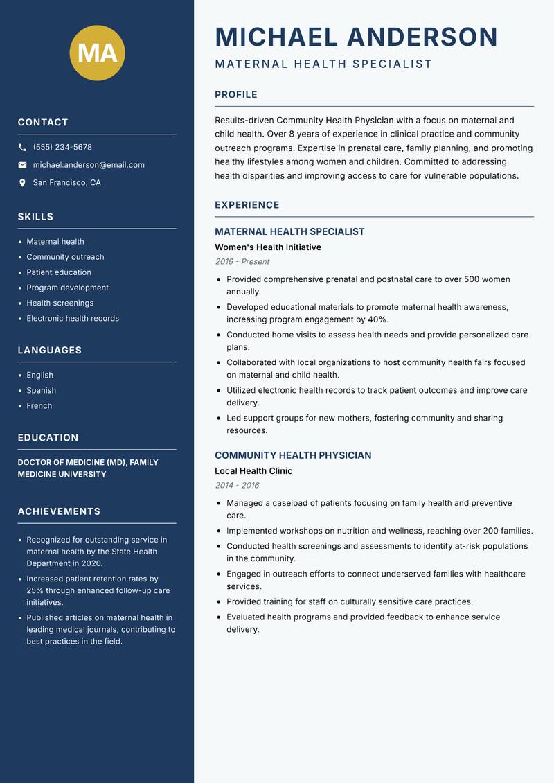Community Health Physician resume template — Classic Clean