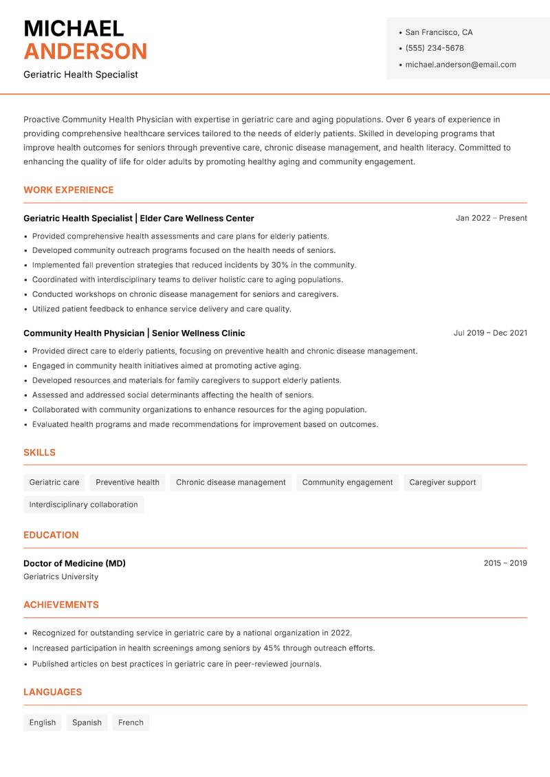 Community Health Physician resume template — Modern Professional