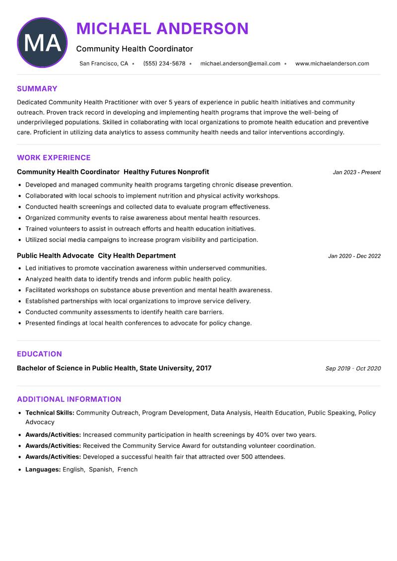 Community Health Practitioner resume example — ATS-friendly template