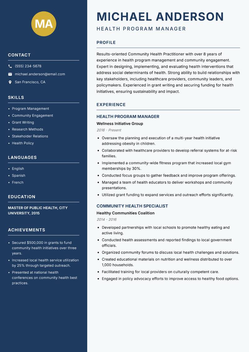 Community Health Practitioner resume template — Classic Clean
