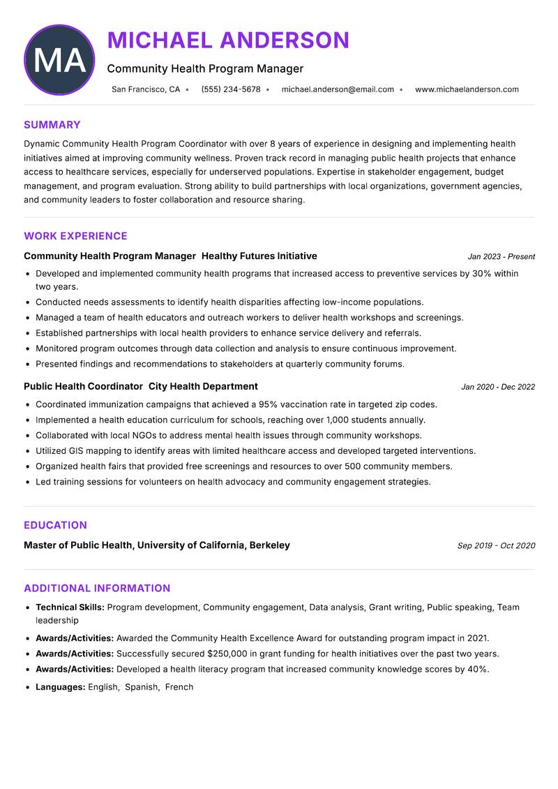 Community Health Program Coordinator resume example — ATS-friendly template